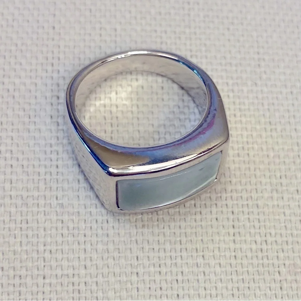 Silver Tone Ring Pale Blue Rectangle